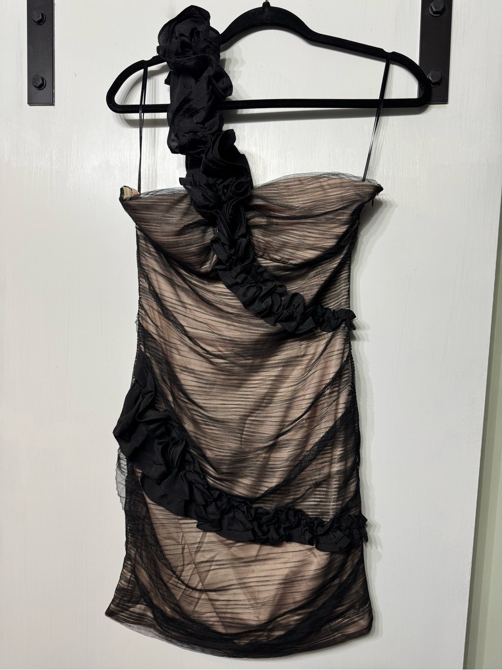 C. Luce Black One-Shoulder Ruffle Mesh Cocktail/ Home Coming Dress